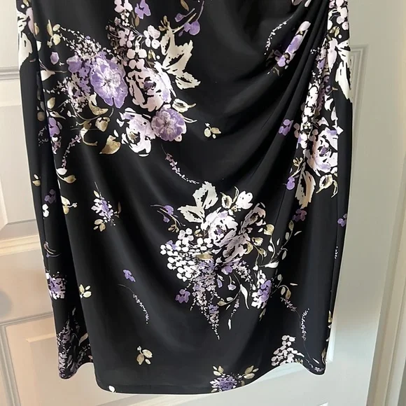 Lauren black dark floral cinched dress SZ 14 black wrap style ruffle career - Picture 3 of 14